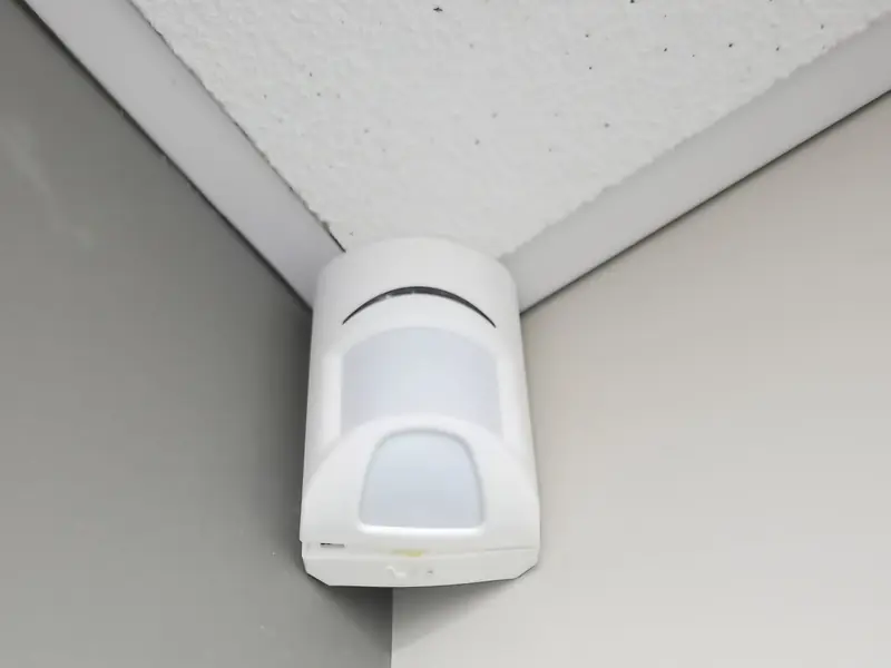 Dual-technology (PIR and microwave) motion detector mounted high in the corner of a warehouse bay.